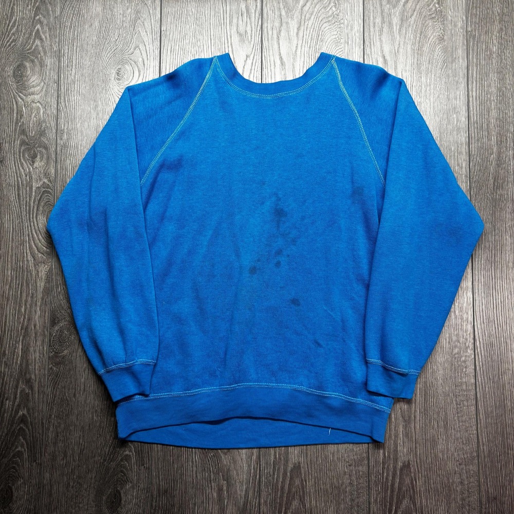 Vintage 1970s Blue Soft Blank Raglan Sweatshirt Medium Faded True Vintage